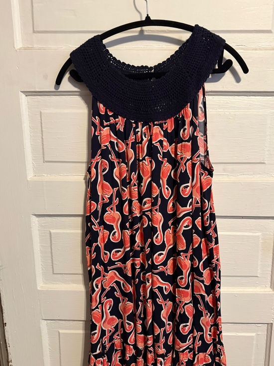 crown & ivy Dresses & Skirts - Navy Crochet Yoke Flamingo Print Maxi Dress by Crown and Ivy sz Lg.